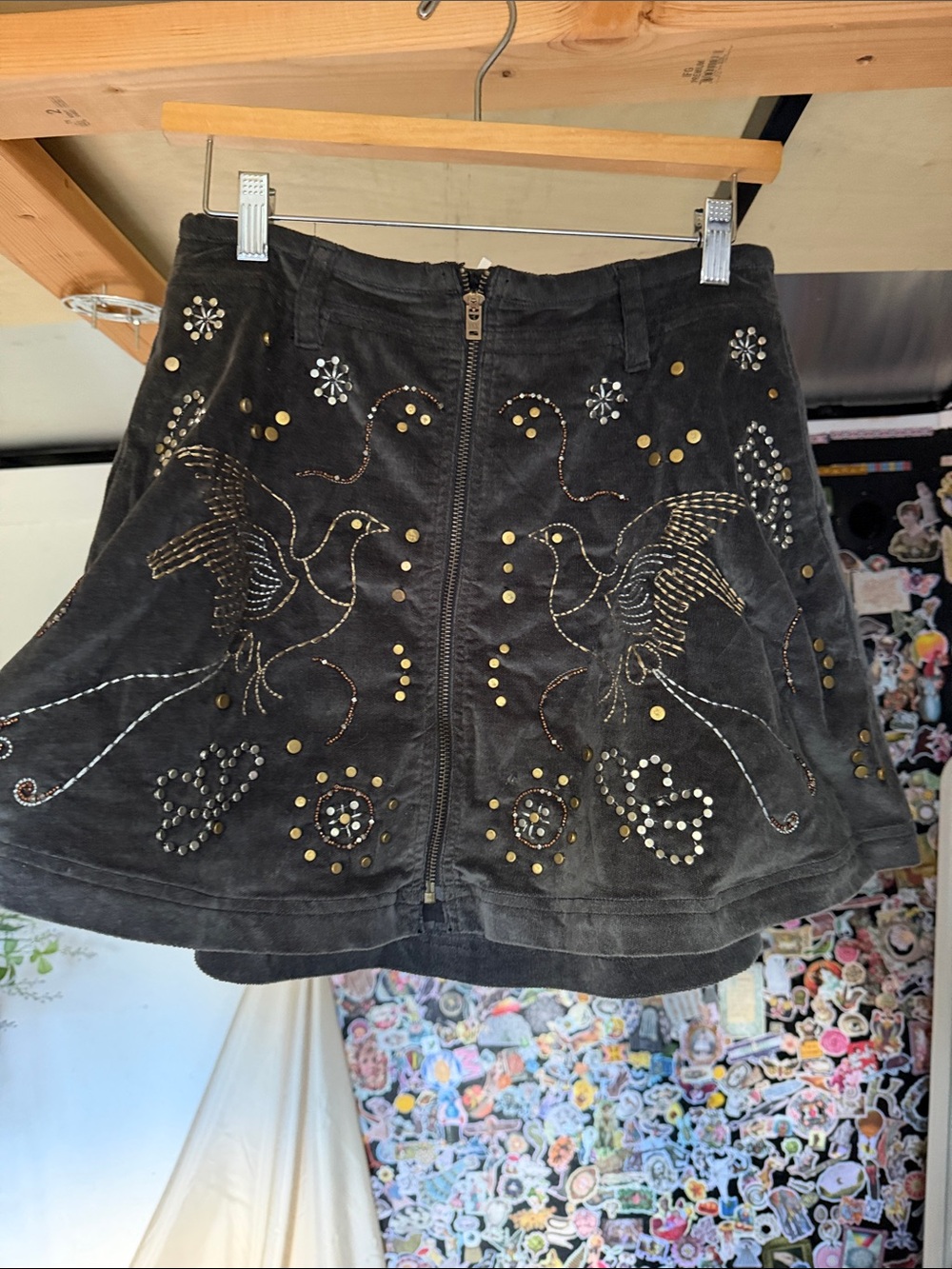 Free People Black Embroidered Mini Skirt with Stud Details
